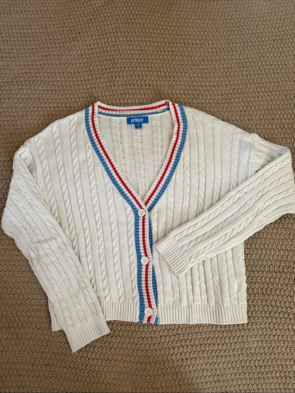 PRINCE Pickleball Tennis Cream Cable-Knit Cardigan Sweater Adorable EUC Sz Large